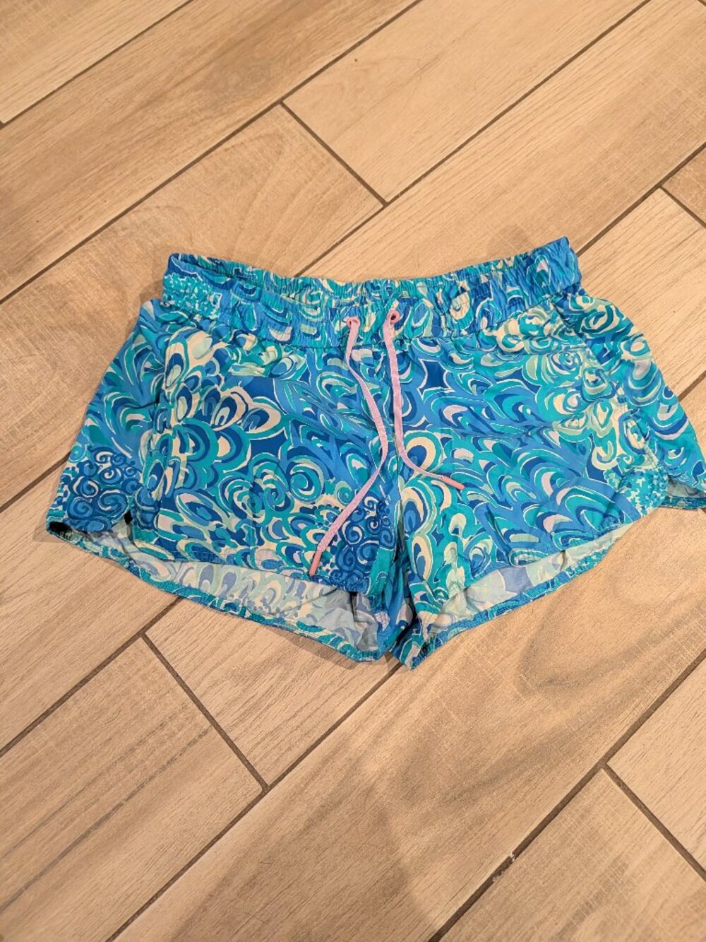 Lilly Pulitzer Luxletic Shorts — Wave Swirl Print, Blue/Teal, Size S